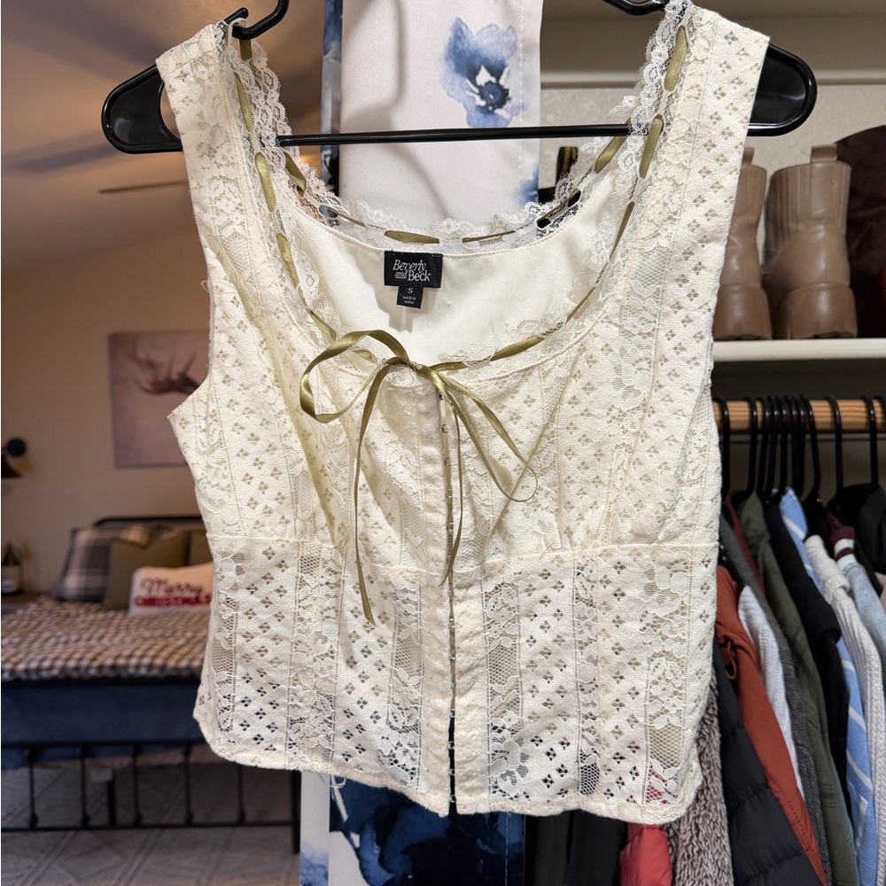 Ann Taylor Cream Lace Blouse with Ribbon